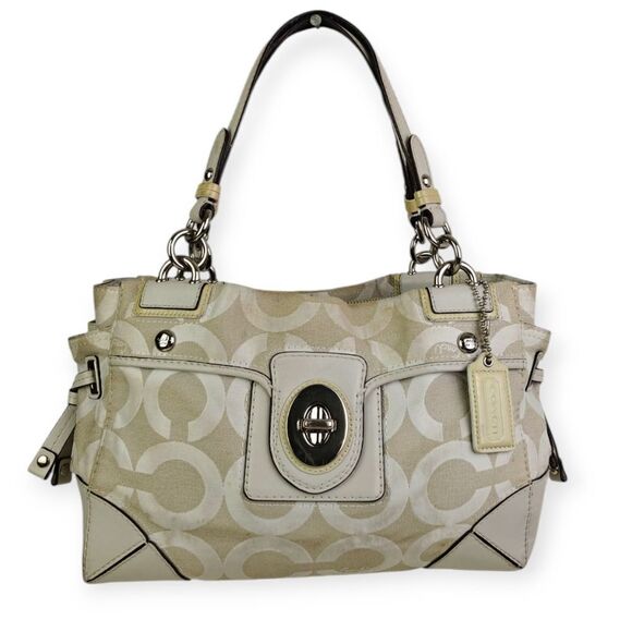 Coach Cream Genuine Leather CC Signature Canvas Shoulder Bag Tote Bag Pusre - Picture 2 of 13